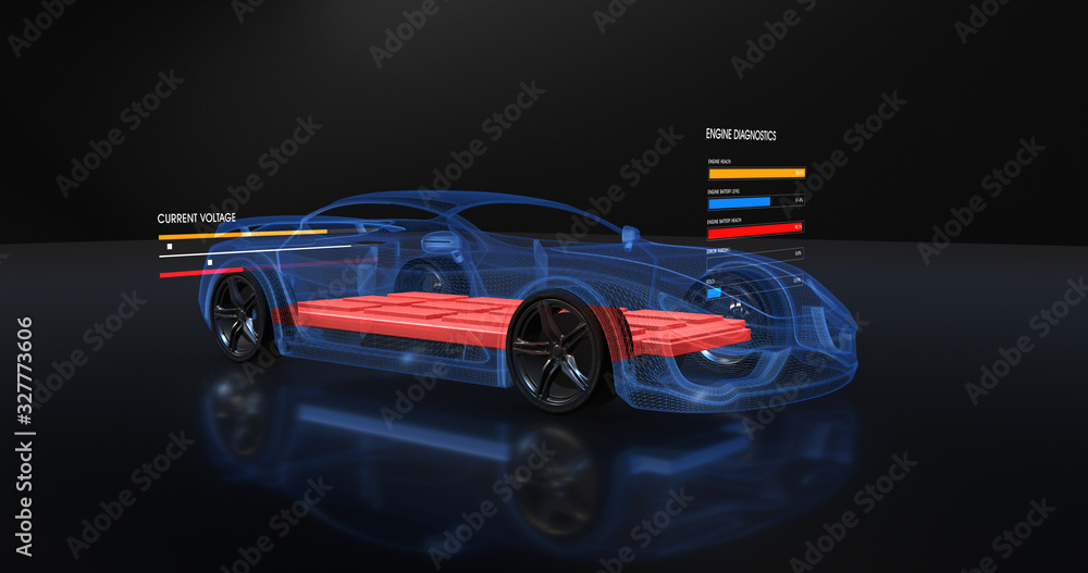 Modern Futuristic Electric Car On Production Platform. Diagnostics Data On Screen. Electric Battery Visible Inside Of The Vehicle. Environmental Friendly 3D Illustration Render