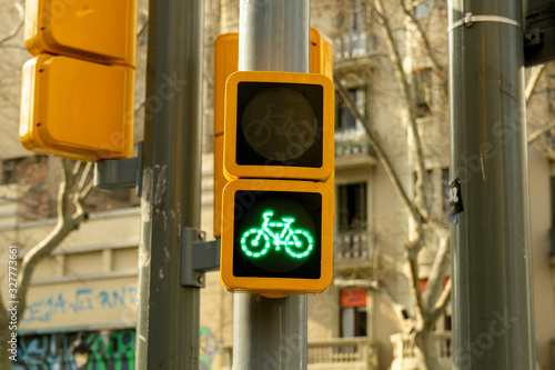Traffic lights for bicycles on a beautiful sunny day in Barcelona. Green light for sports concept. Healthy living