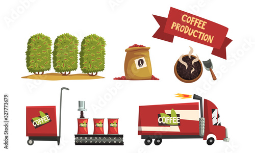 Coffee Production Process Collection, Harvesting, Roasting, Packing, Logistics Vector Illustration Isolated on White Background