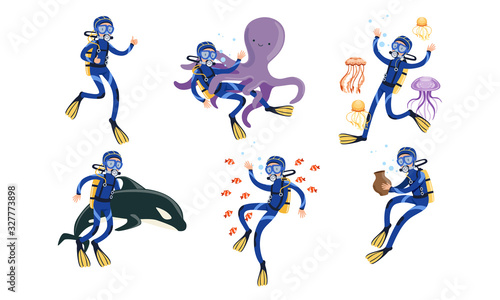 Collection of Scuba Divers, Underwater Diver Swimming in the Sea or Ocean with Fishes and Animals Vector Illustration Isolated on White Background