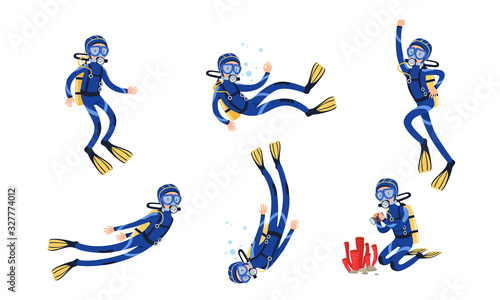 Collection of Scuba Divers, Underwater Free Diver Swimming in the Sea or Ocean Vector Illustration