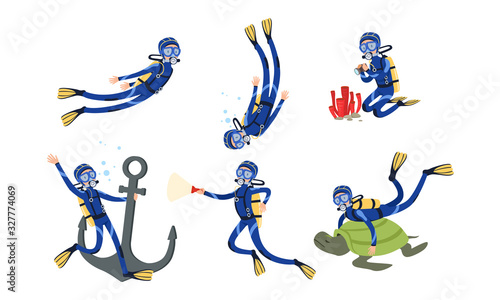 Professional Scuba Divers Collection, Free Diver Swimming in the Sea or Ocean Vector Illustration on White Background