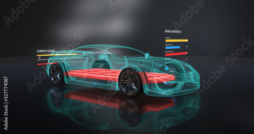 Futuristic Sport Electric Car In Production Facility. Electric Battery Visible Inside Of The Vehicle. Environmental Friendly 3D Illustration Render photo