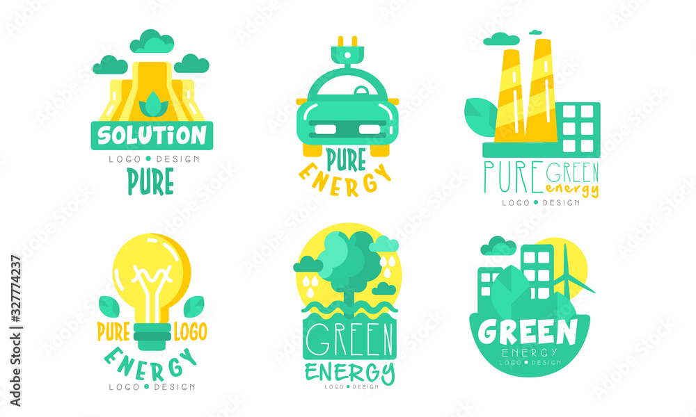 Green Energy Logo Design Templates Collection, Renewable Energy, Innovative Technologies, Pure Solution Vector Illustration on White Background