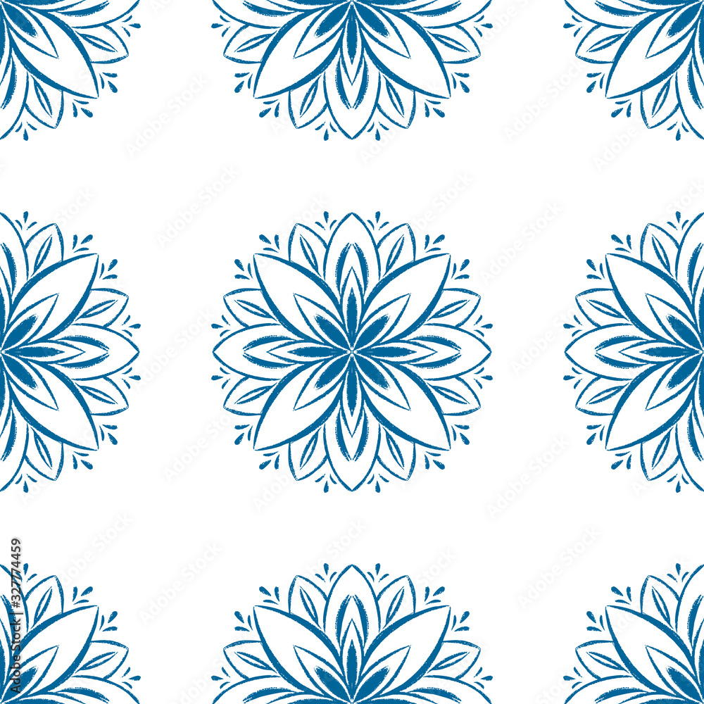 Obraz premium Blue mandala seamless pattern design. Doodle flower illustration.
