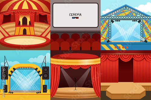 Theatre, Cinema, Circus, Concert Stages Collection, Show Backgrounds Design Element Vector Illustration