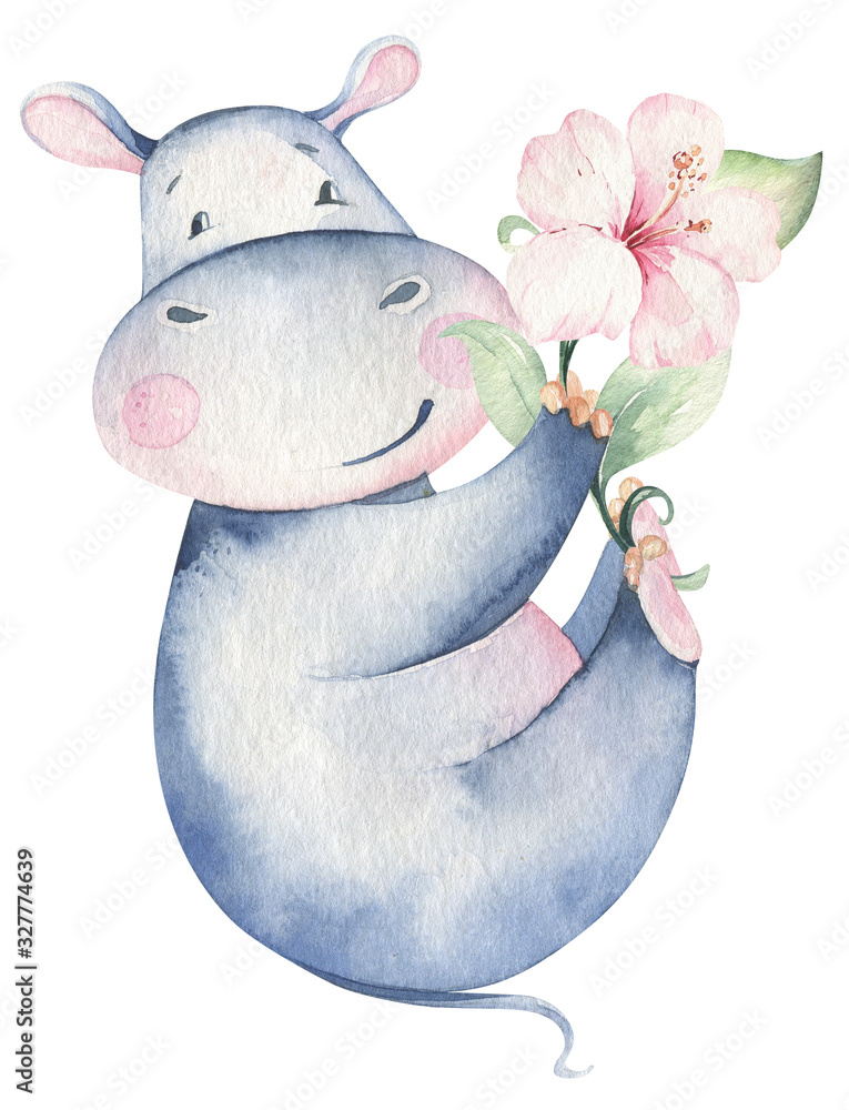 Fototapeta premium Hand drawn cute isolated tropical summer watercolor hippo animals. hippopotamus baby and mother cartoon animal illustrations, jungle tree, brazil trendy design. Aloha collection.