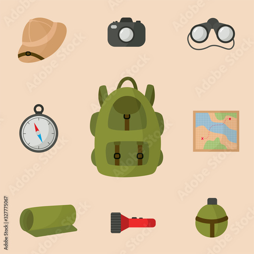 Collection of equipment for safari trip. Tourist backpack.