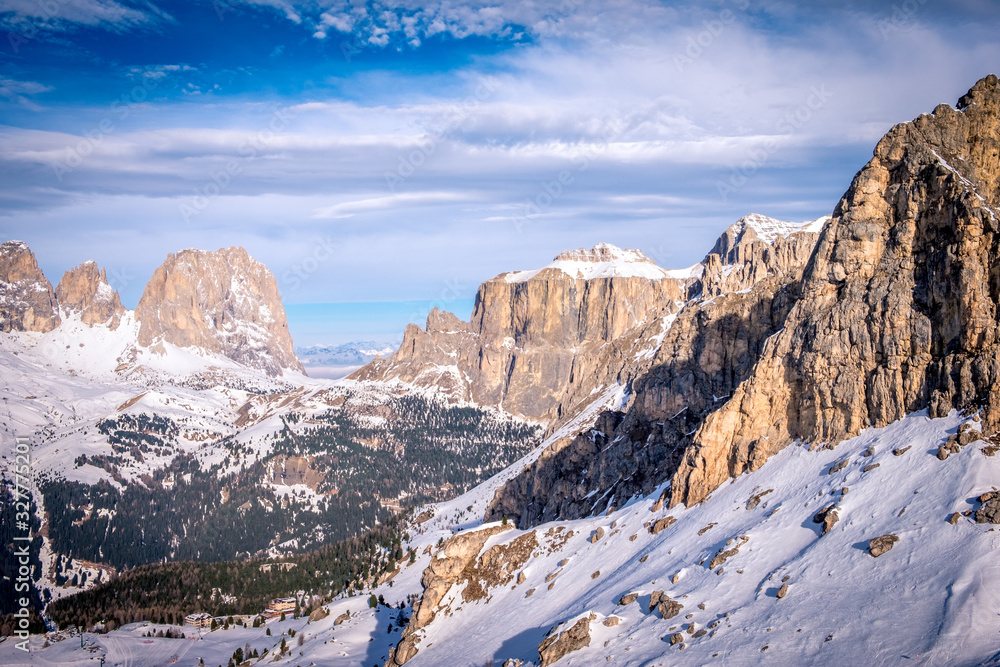 View of Dolomites Mountains in Italy. Ski area Belvedere. Canazei, Italy View of Dolomites Mountains in Italy. Ski area Belvedere. Canazei, Italy