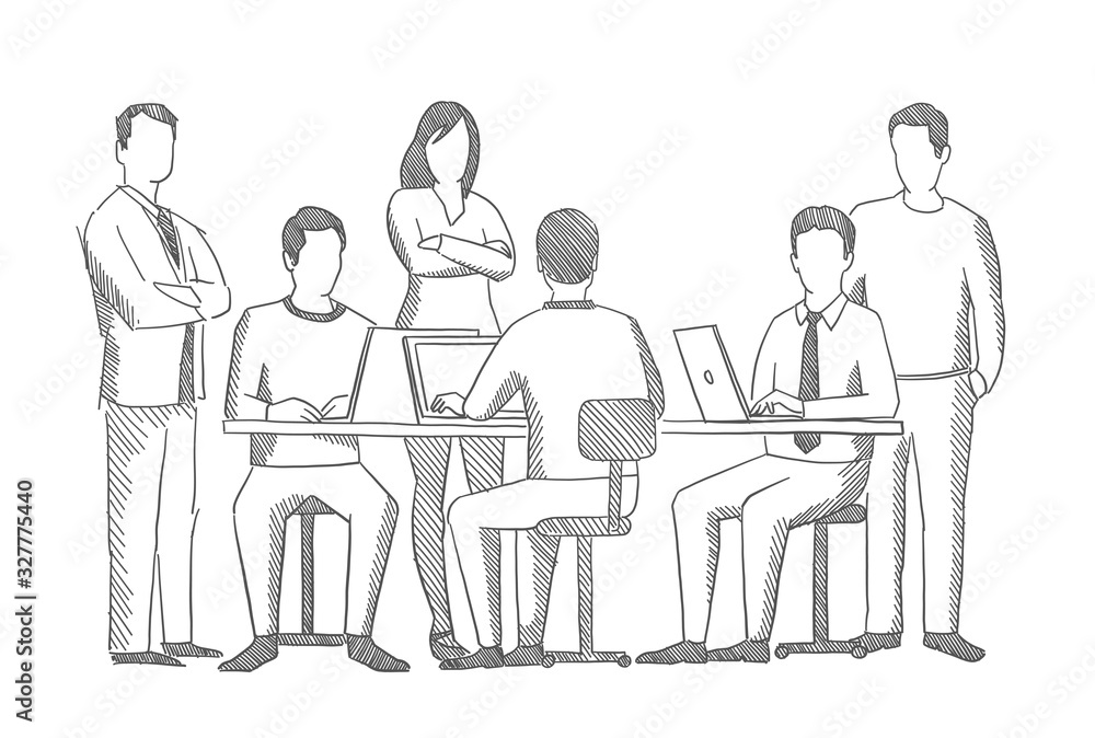 Business team. Office people sketch. Company group. Brainstorm. Process of working at the table. Hatched drawing picture. Gray pencil. Hand drawn vector.