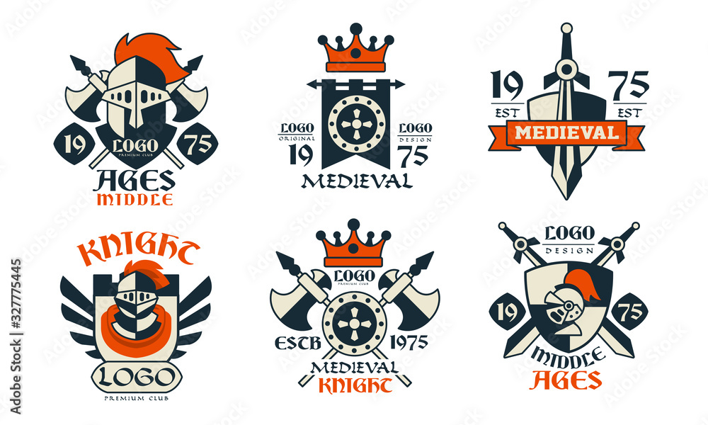 Middle Ages Logo Design Collection, Medieval Knight Premium Club Badges Vector Illustration on White Background