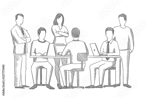 Business team. Office people sketch. Company group. Brainstorm. Process of working at the table. Hatched drawing picture. Gray pencil. Hand drawn vector.