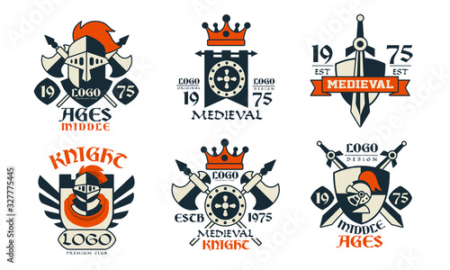 Middle Ages Logo Design Collection, Medieval Knight Premium Club Badges Vector Illustration on White Background