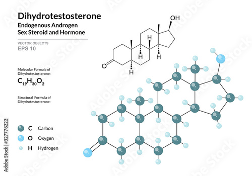Hormone Dihydrotestosterone. Structural Chemical Formula and Molecule 3d Model. Atoms with Color Coding. Vector Illustration
