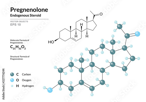 Hormone Pregnenolone. Structural Chemical Formula and Molecule 3d Model. Atoms with Color Coding. Vector Illustration