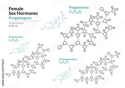 Progesterone, Pregnenolone, Allopregnanolone. Female Sex Hormones. Structural Chemical Formula and Molecule Model. Line Design. Vector Illustration