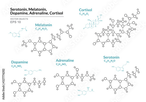 Serotonin, Melatonin,  Dopamine, Adrenaline, Cortisol. Hormones. Structural Chemical Formula and Molecule Model. Line Design. Vector Illustration
