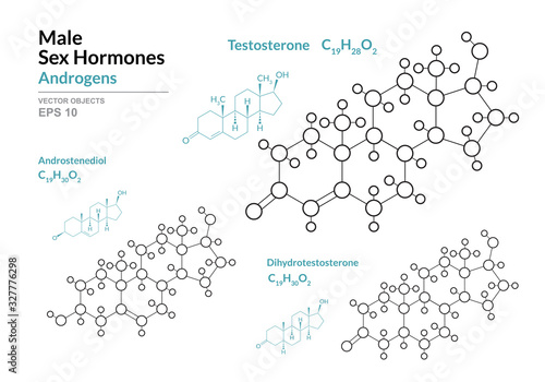 Testosterone, Androstenediol, Dihydrotestosterone. Male Sex Hormones. Structural Chemical Formula and Molecule Model. Line Design. Vector Illustration