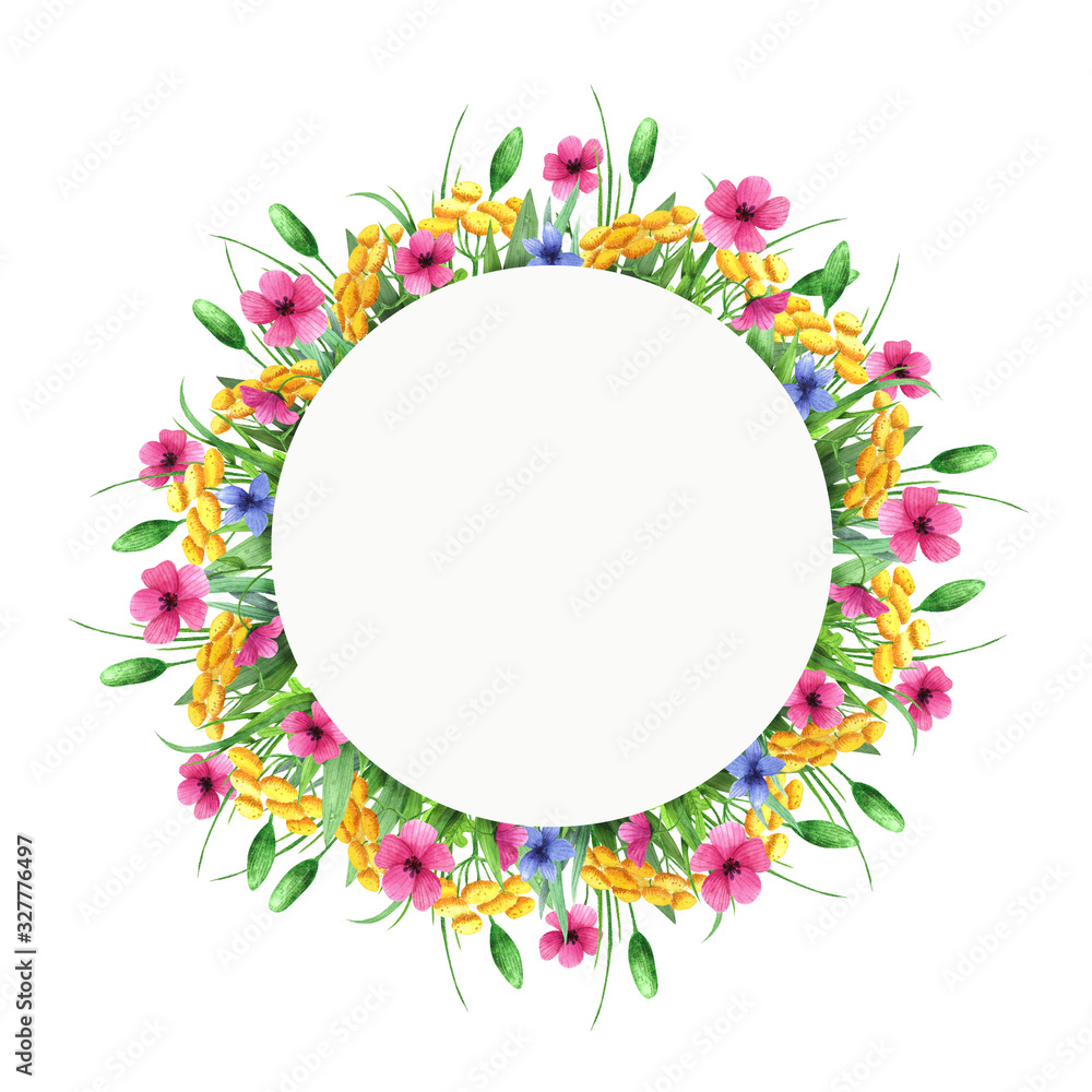 Watercolor wild flowers frame isolated on white background. Hand drawn elements.