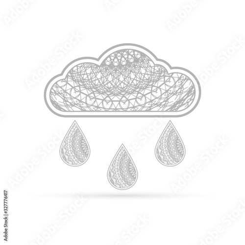 Outline cloud with drop of rain icon isolated on white. Art line in boho or maori style. Sketch vector stock illustration