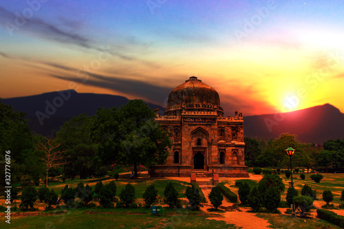 India, New Delhi, Lodi gardens at sunset.