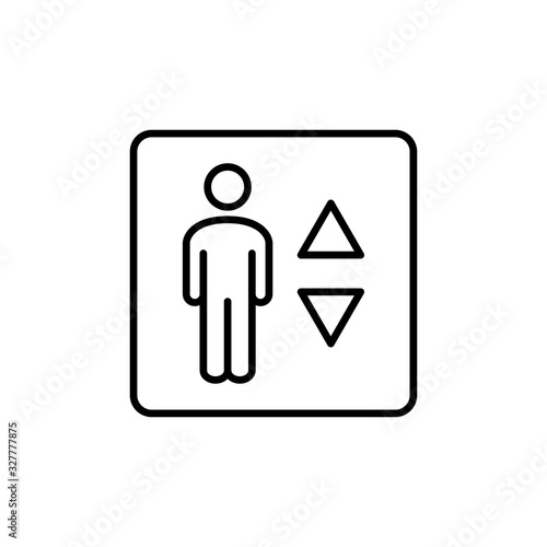 Símbolo ascensor. Hombre con flechas subir bajar. Icono plano lineal en color negro