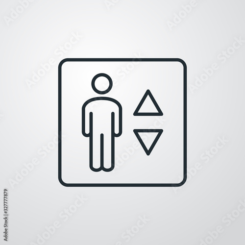 Símbolo ascensor. Hombre con flechas subir bajar. Icono plano lineal en fondo gris
