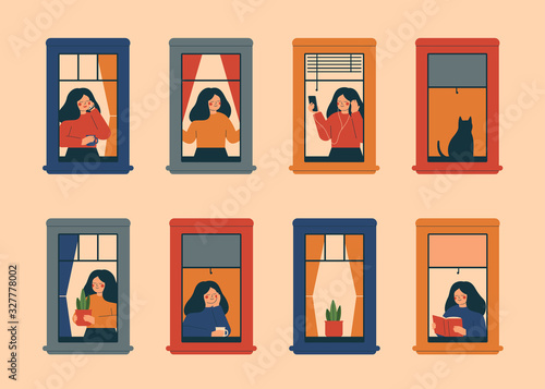 Windows with women doing daily things in their apartments - drinking tea, talking phone, carrying potted plant, reading book, listening music, breathing fresh air. Vector illustration in flat style.