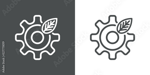 Icono plano lineal engranaje con hoja de planta en fondo gris y fondo blanco