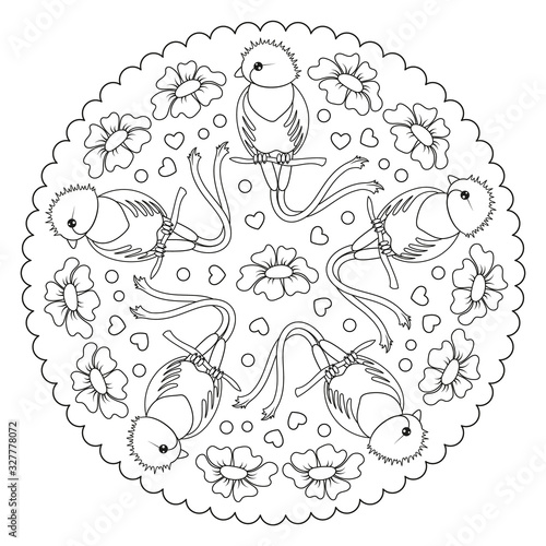 Coloring page mandala with quetzal, flowers, hearts. Vector Illustration.