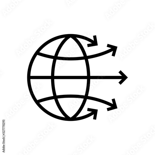 Icono plano lineal globo terráqueo con flechas en color negro