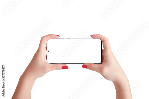 Modern smart phone in horizontal position in woman hands mockup. Isolated display and background