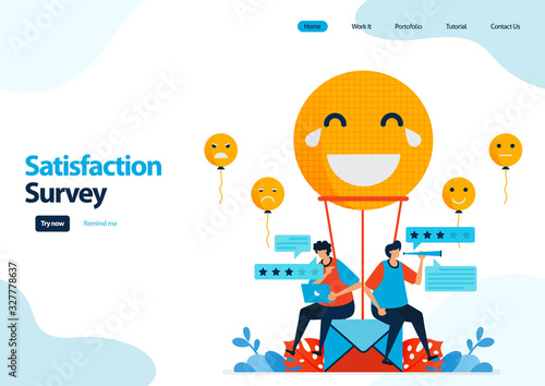 landing page template of emoticon satisfaction surveys. give rating and stars for apps services. good feedback with emoticons. illustration for banner, ui ux, website, web, mobile apps, flyer, card