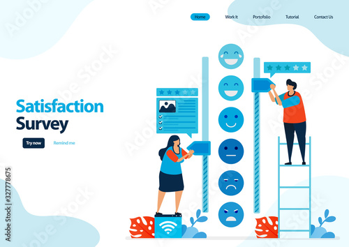 landing page template of emoticon satisfaction surveys. give rating and stars for apps services. good feedback with emoticons. illustration for banner, ui ux, website, web, mobile apps, flyer, card
