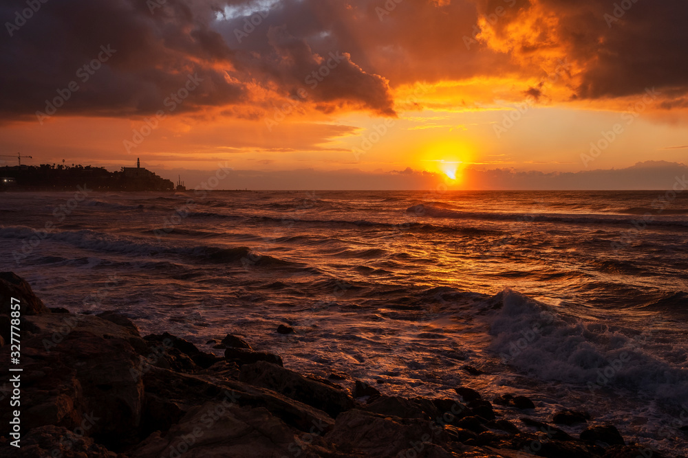 Fantastic view of a Israel sea sunset. Copy space