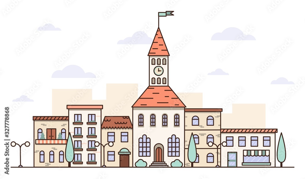 City skyline flat vector illustration with a city hall. City skyline flat vector illustration with a city hall.