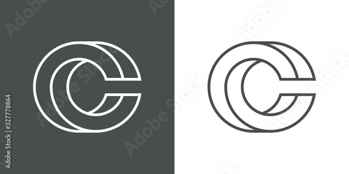 Icono lineal letra inicial C tridimensional en perspectiva imposible en fondo gris y fondo blanco