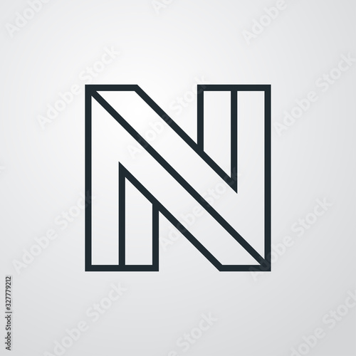 Icono lineal letra inicial N tridimensional en perspectiva imposible en fondo gris