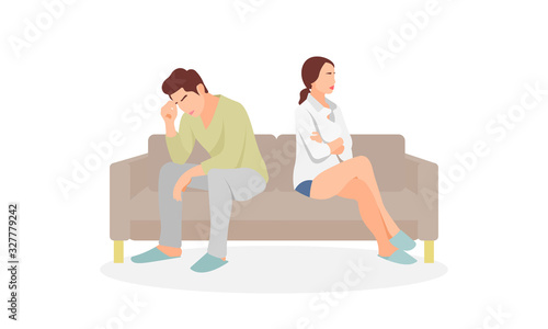 A couple of lovers arguing. Two people fight. Family problem. Relationship falling apart. Spouse fight on sofa or couch. Divorce concept - Flat design vector illustration.