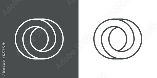 Icono lineal letra inicial O tridimensional en perspectiva imposible en fondo gris y fondo blanco