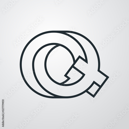 Icono lineal letra inicial Q tridimensional en perspectiva imposible en fondo gris