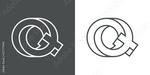 Icono lineal letra inicial Q tridimensional en perspectiva imposible en fondo gris y fondo blanco