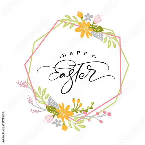 Happy Easter vintage vector calligraphy text with flowers frame and wreath. Hand drawn lettering poster for Easter. Modern Handwritten brush type isolated on white background