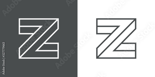 Icono lineal letra inicial Z tridimensional en perspectiva imposible en fondo gris y fondo blanco