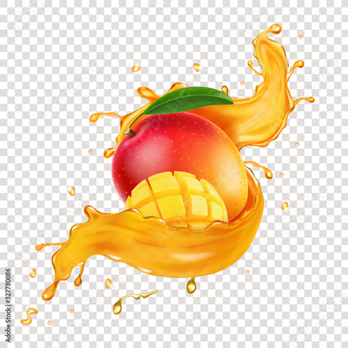 Realistic mango juice splash and mango fruit slices