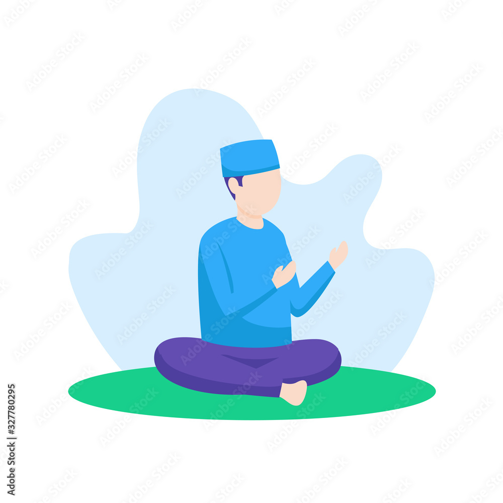Muslim man praying to allah during salat vector flat illustration