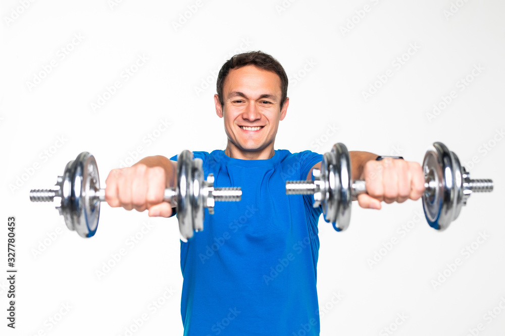 Handsome muscular man uses his dumbbell to exercise flexing bicep muscle isolated on white background Handsome muscular man uses his dumbbell to exercise flexing bicep muscle isolated on white background