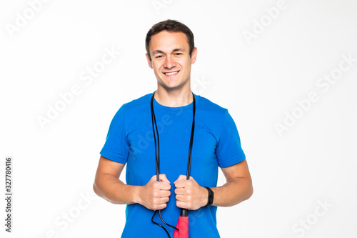 Man holding a jump rope on white background