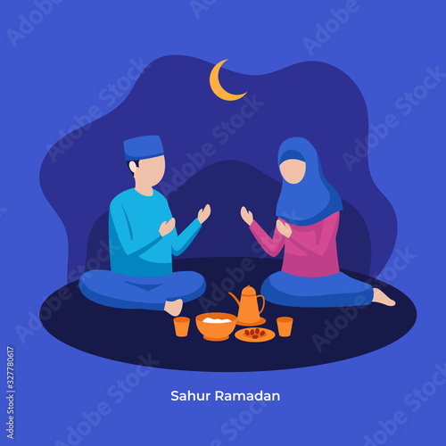 Muslim man and woman praying to Allah together during sahur eat time to prepare full day fasting vector flat illustration. Islam ramadan activity character concept poster background design.