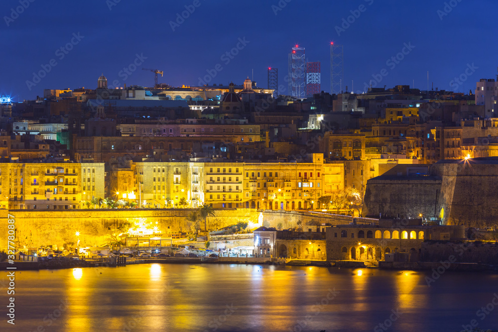 Architecture of the Valletta city at night, Malta